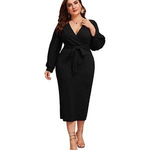 Verdusa Women's Plus Size V Neck Lantern Sleeve Midi Belted Bodycon Dress